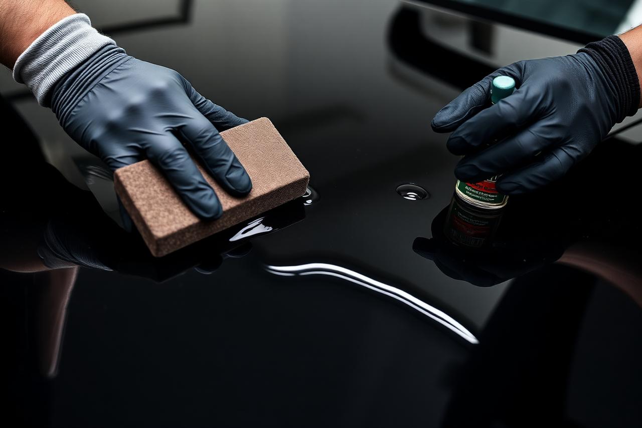 Gloved hands applying ceramic coating to a black car panel with a suede applicator block