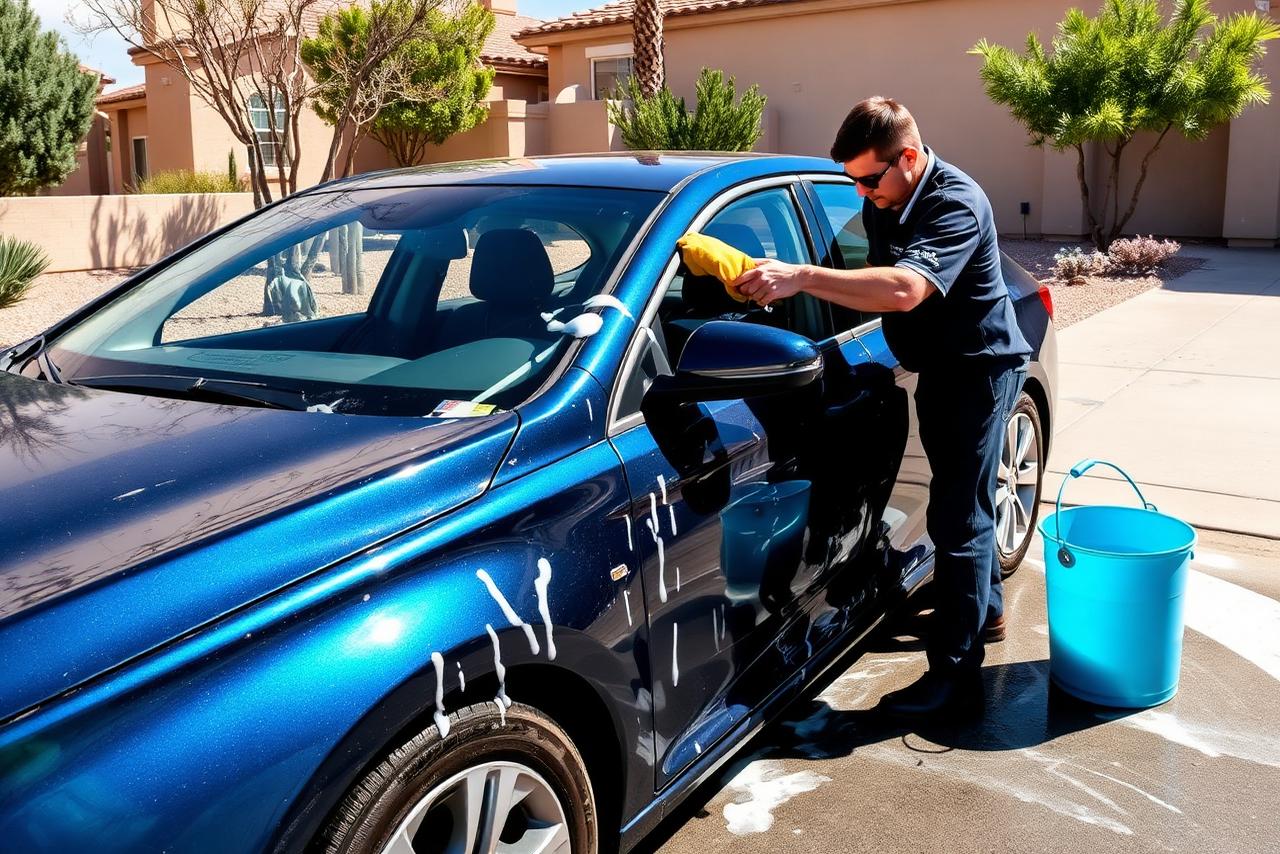 Detailer hand-washing the side of a dark blue sedan in a sunny desert driveway