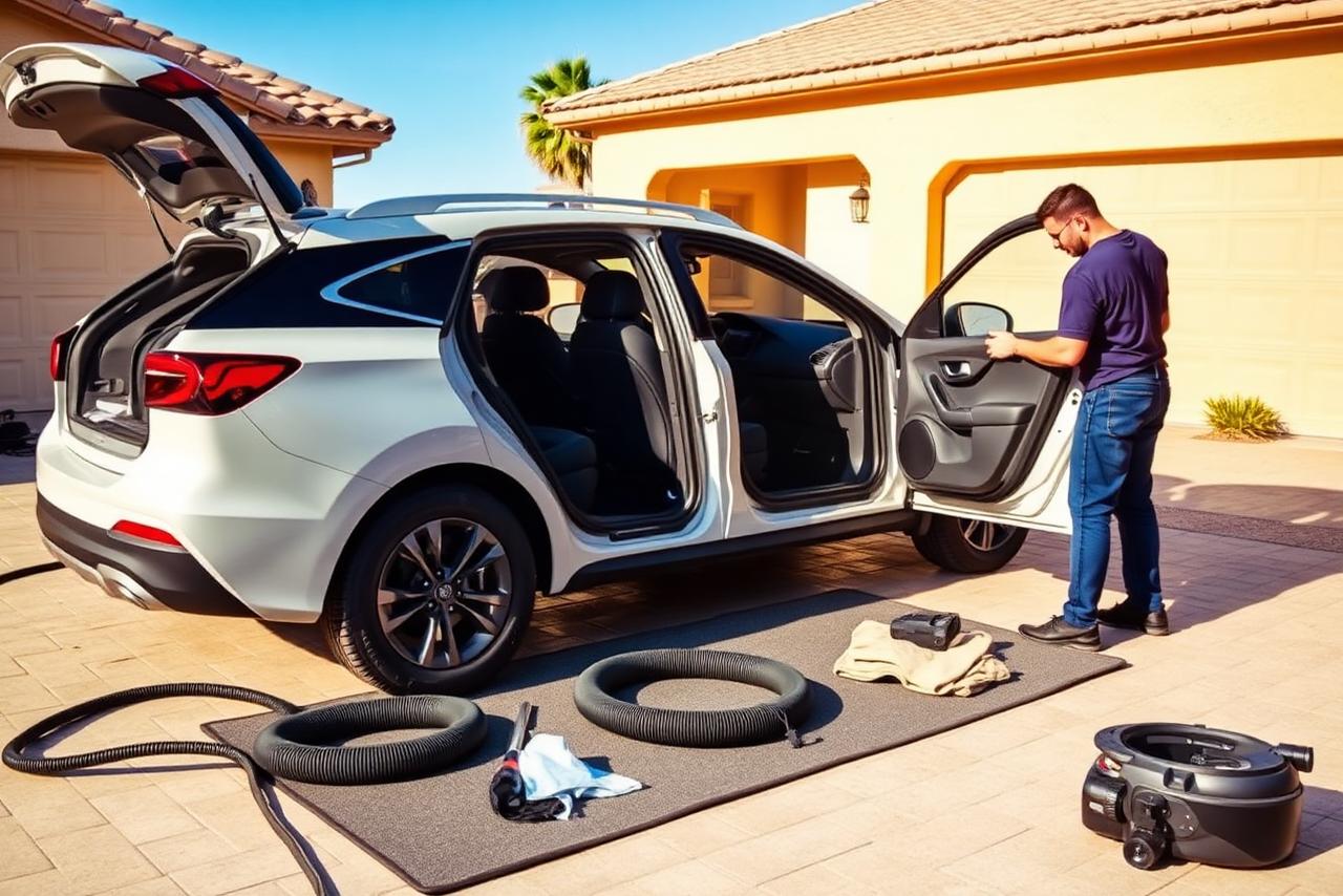 White crossover with doors and hatch open during a full interior and exterior detail in a driveway