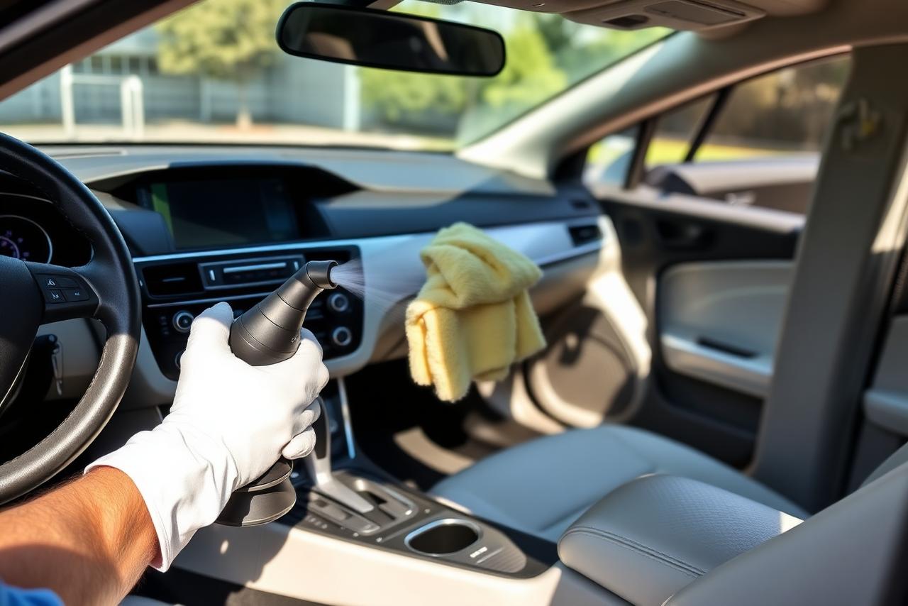 Detailer cleaning the dashboard and console of a car interior with a spray bottle and microfiber towel