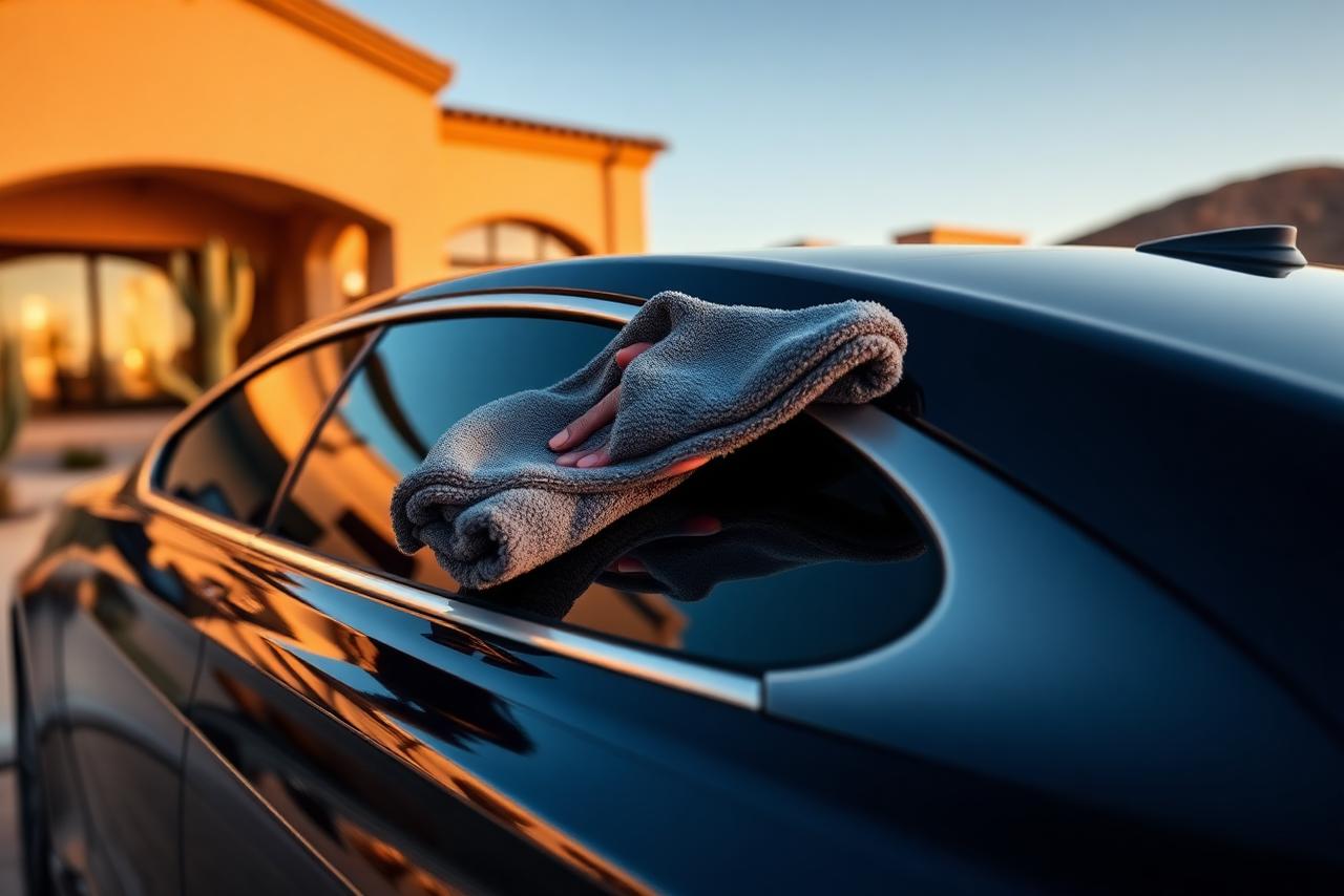 Detailer hand-drying a glossy dark luxury sedan outside a Southwestern home at golden hour