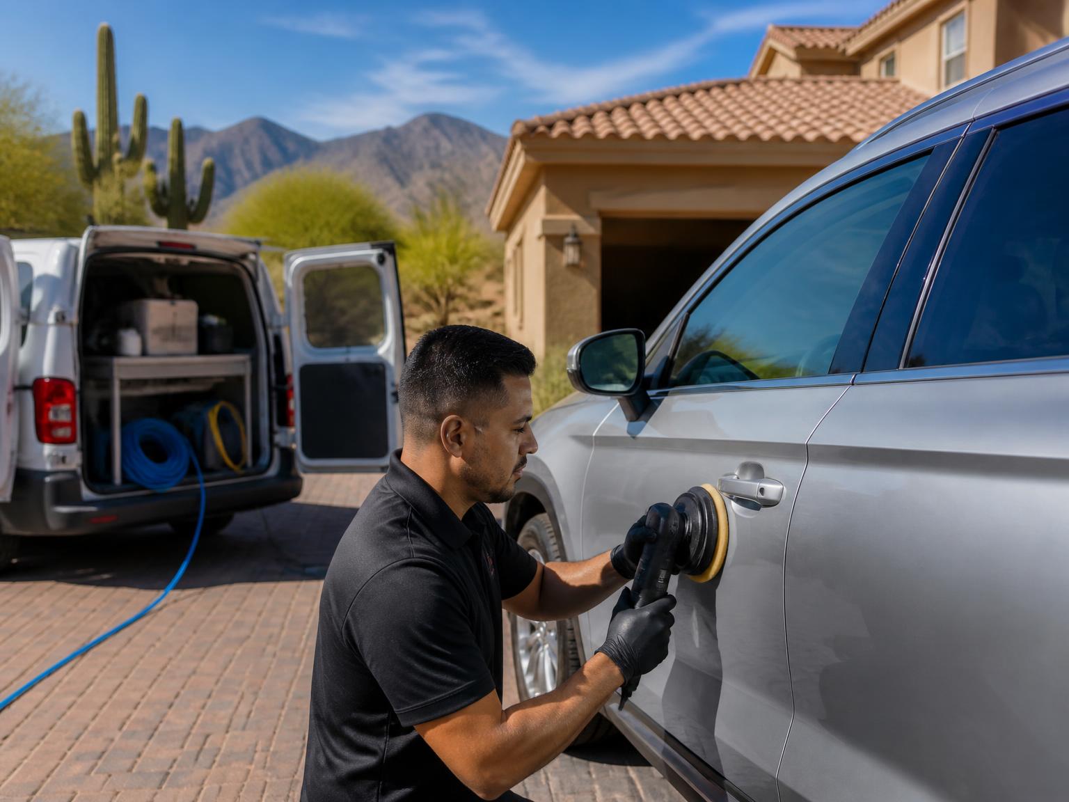Mobile detailer machine polishing a silver SUV in a Tucson driveway with desert landscaping and mountains behind