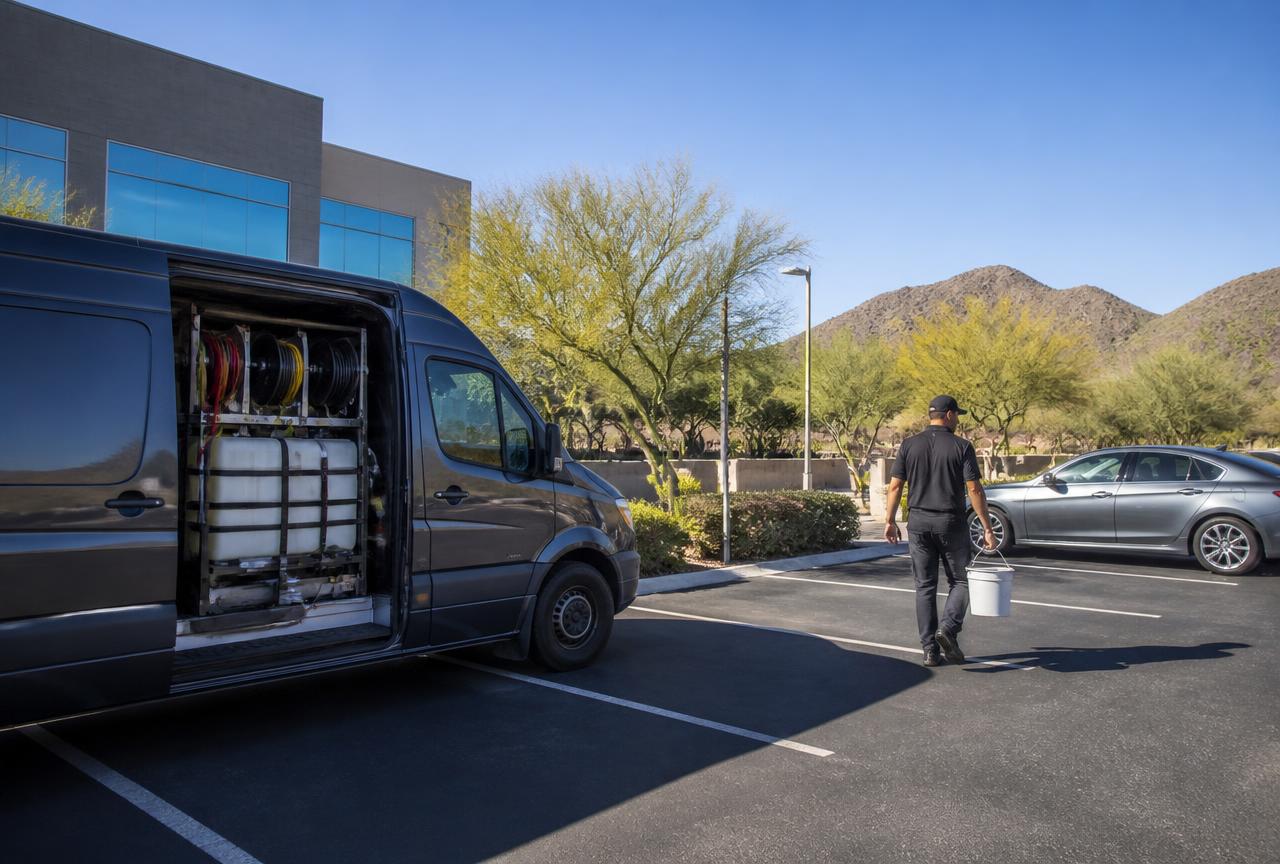 Mobile detailing van with water tank and hose reels parked beside a customer car in an Arizona office lot