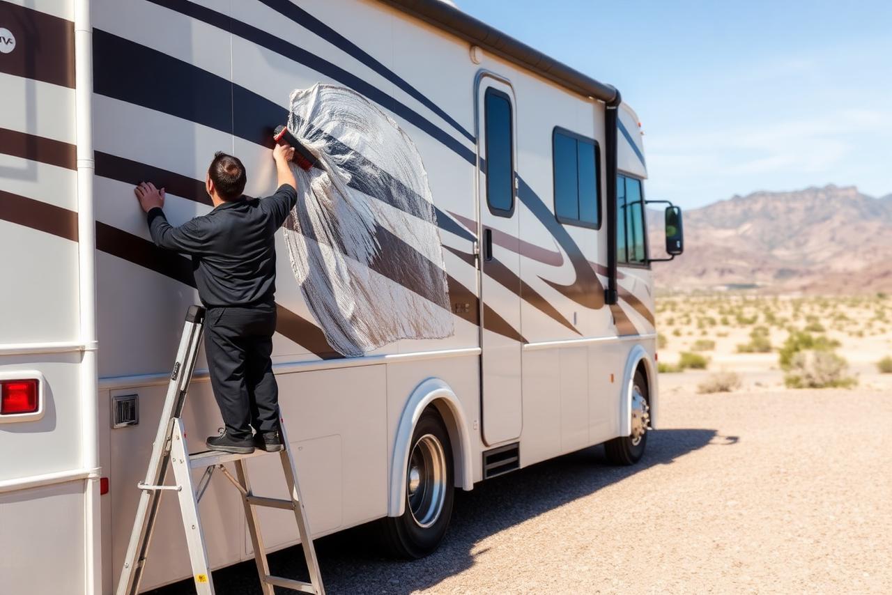 Technician on a ladder washing the oxidized fiberglass side of a Class A motorhome in the desert